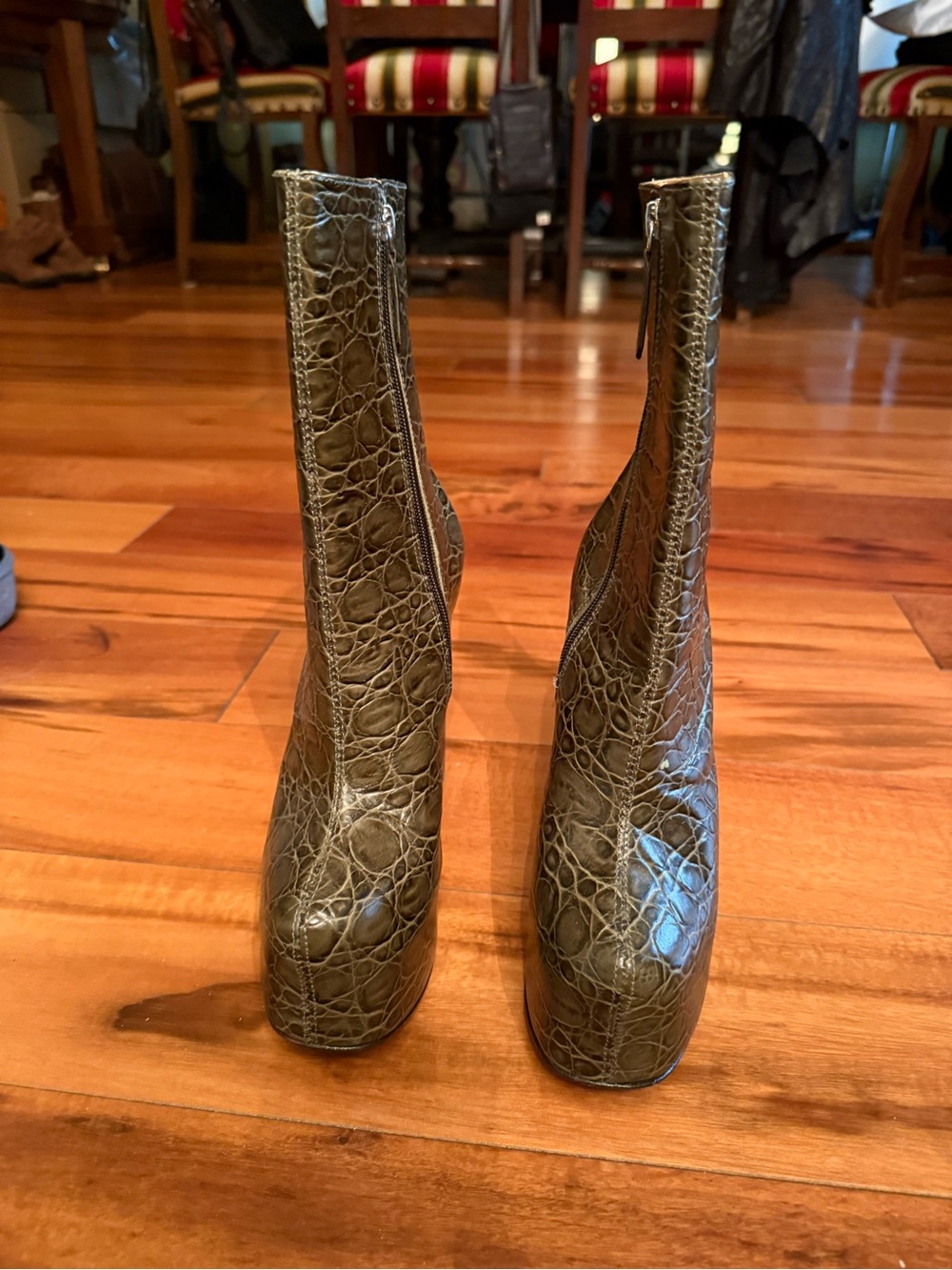 SCHUTZ Olive Croc-Embossed Platform Booties with Brown Stacked Heels